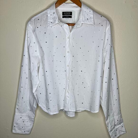 J Crew Cropped Garcon Shirt 10 Rhinestone Crystals White Button Poplin Organic - Picture 1 of 10